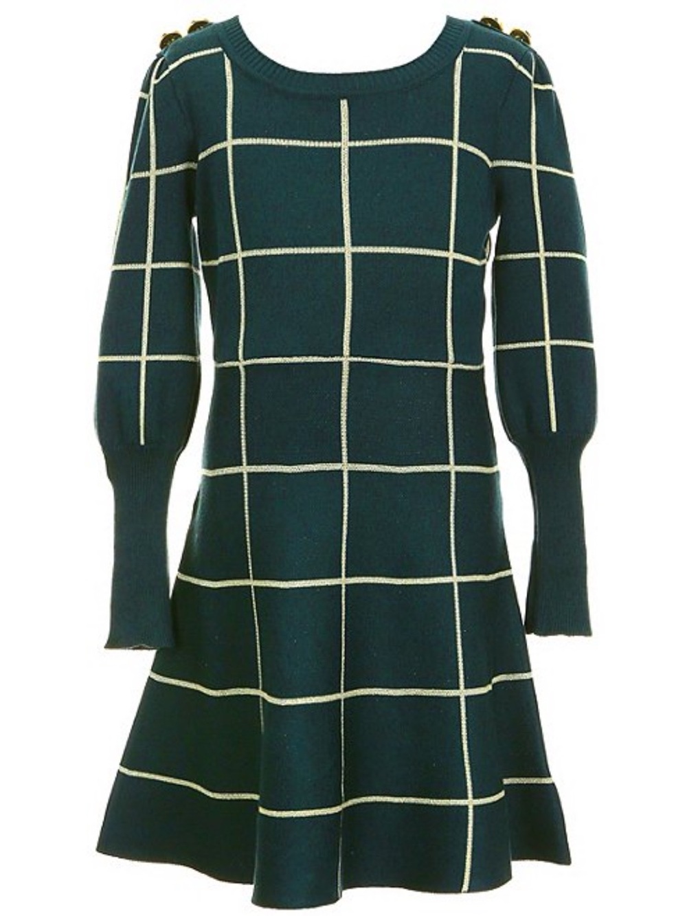Girls' -Large (9-10 yr) Green Windowpane Knit Dress with Button Shoulder